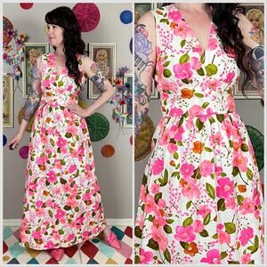 Vintage 1970s White and Pink Hawaiian Floral Sleeveless Cotton Maxi Dress